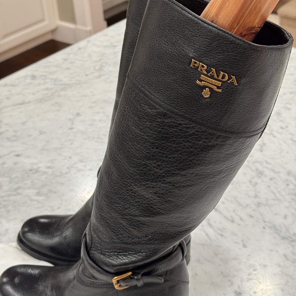 Prada Black Leather Tall Boots with Gold Logo Emblem